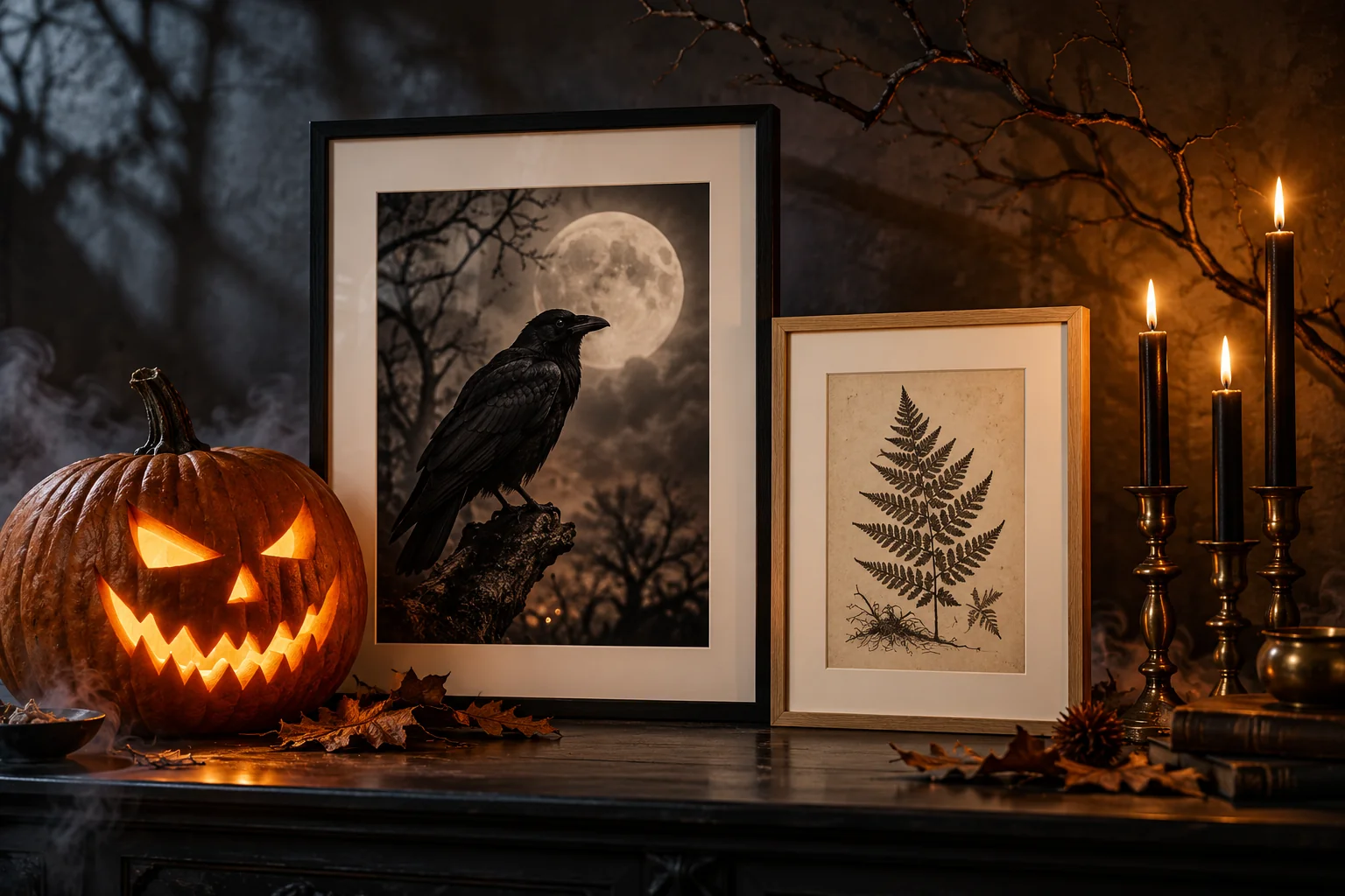 Schwarze und eichenfarbene Bilderrahmen mit einem leuchtenden Halloween-Kürbis und Kerzen