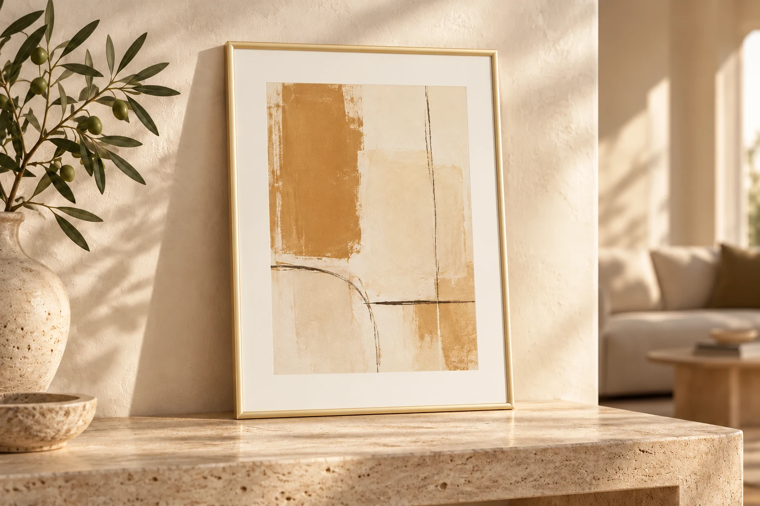 Ein goldfarbener Bilderrahmen in einem ruhigen Interieur mit natürlichem Tageslicht
