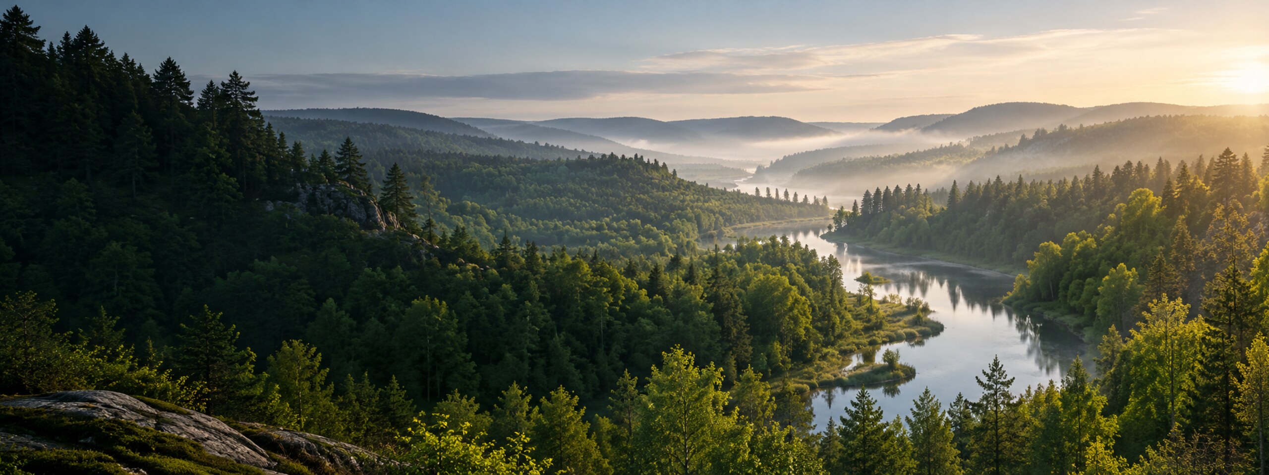 Une forêt verdoyante et une rivière dans la douce lumière du matin