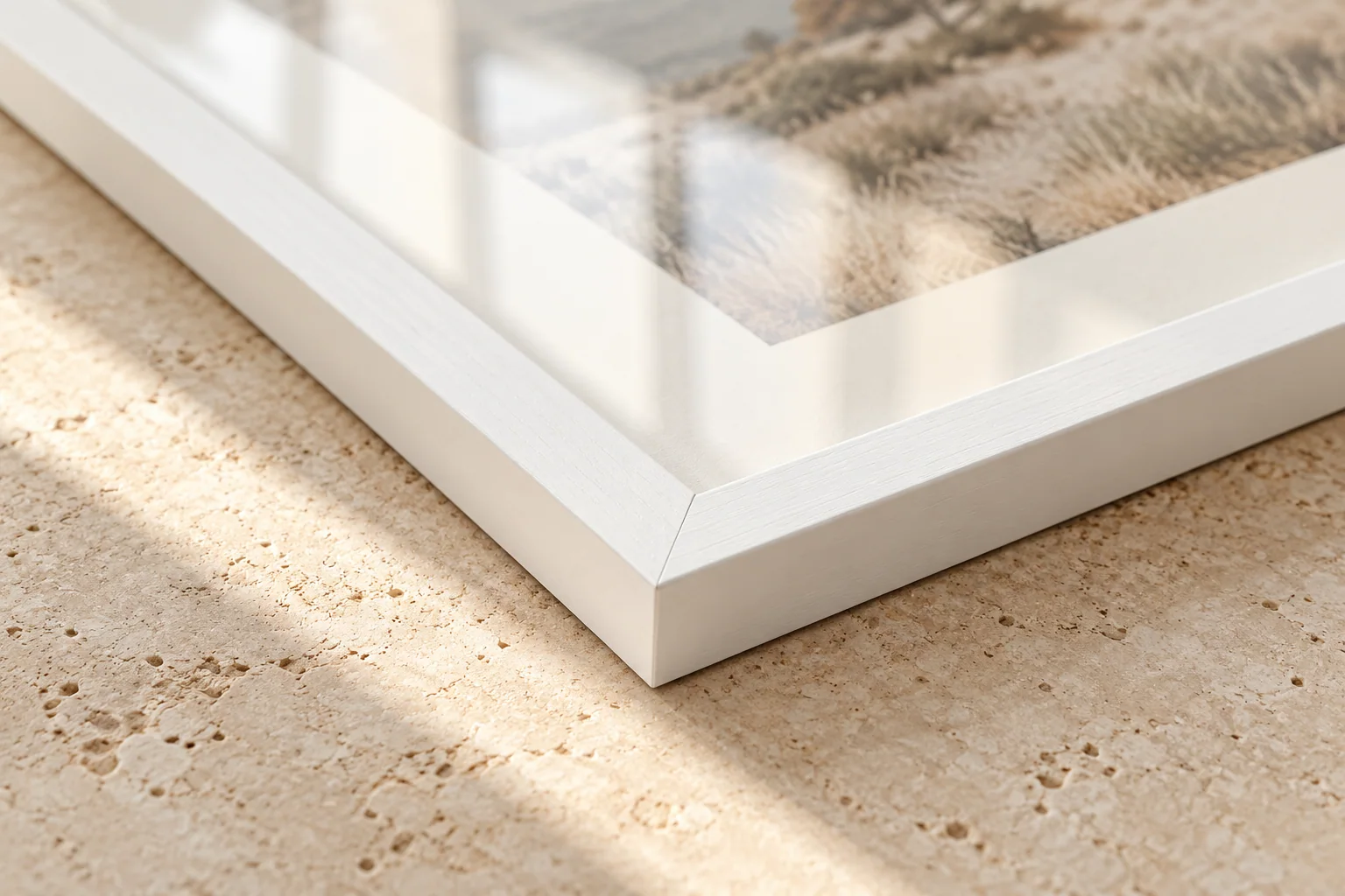 Close-up van de hoek en afwerking van een witte fotolijst