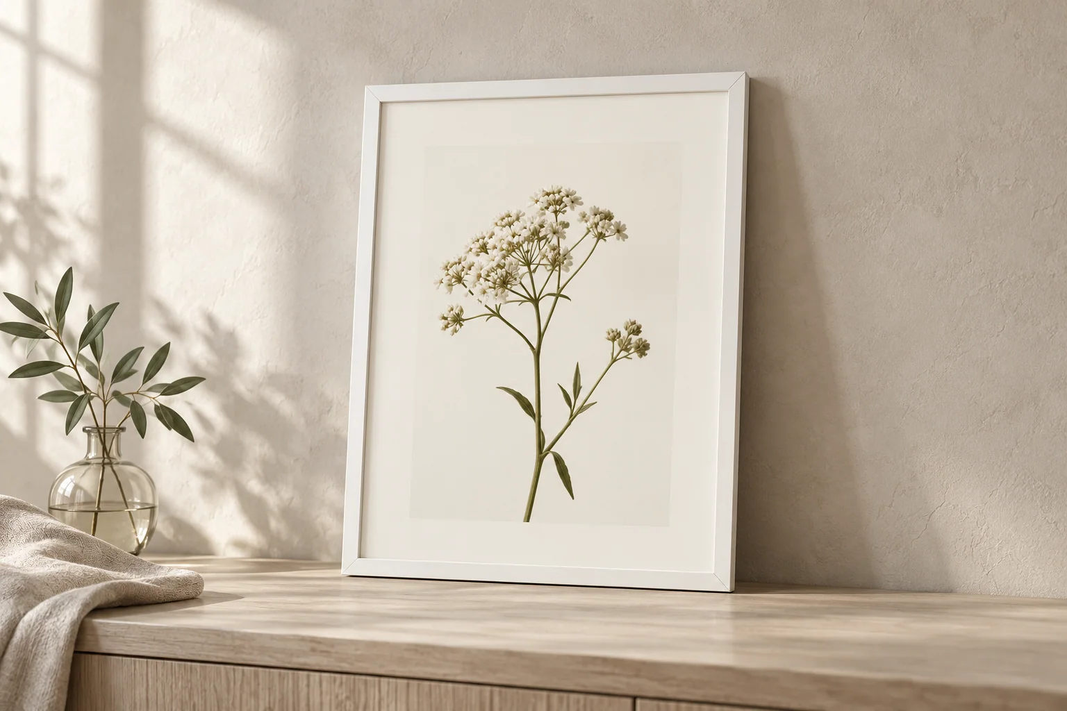 Een witte fotolijst in een rustig interieur met natuurlijk daglicht